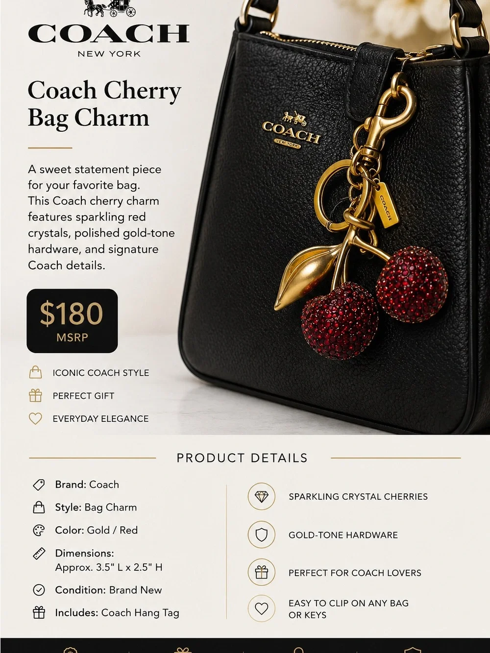 Coach Gold-Tone Cherry Bag Charm with Red Crystals